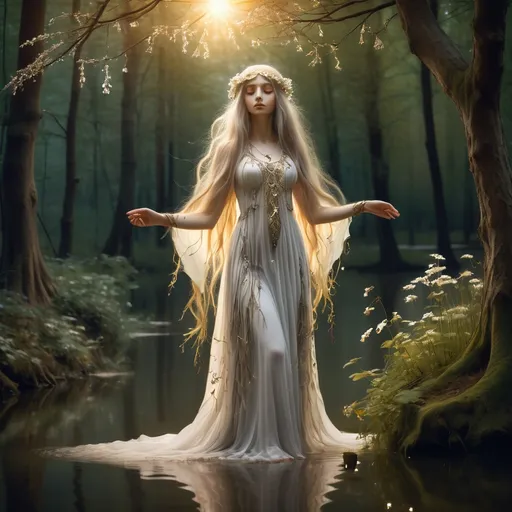 Prompt: A mystical and enchanting samodiva (wood nymph) from Bulgarian folklore, standing in a magical forest near a lake. She is tall and graceful, with long, flowing hair that shines in silver or golden hues. She wears a light, translucent dress in white or pastel colors, adorned with flowers and leaves. The surroundings are ethereal, with tall trees, glowing fireflies, and a misty atmosphere. She is dancing or sitting on a rock, with a mysterious and alluring expression. In her hands, she holds a flower or is casting magic, creating sparks or light around her. The scene is full of fantasy and natural beauty, capturing the essence of a mythical woodland spirit.