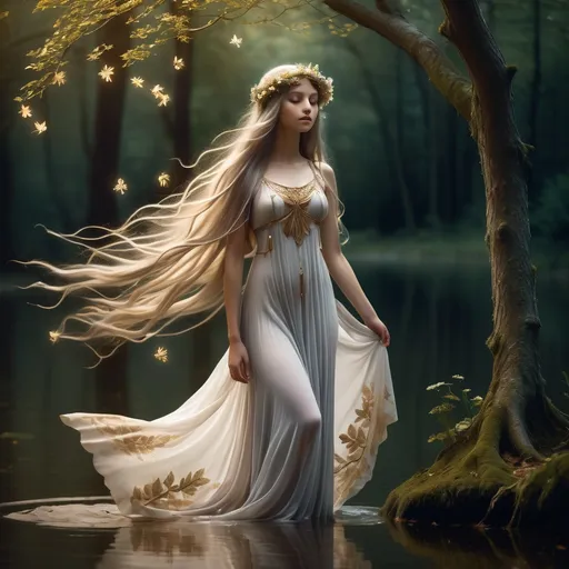 Prompt: A mystical and enchanting samodiva (wood nymph) from Bulgarian folklore, standing in a magical forest near a lake. She is tall and graceful, with long, flowing hair that shines in silver or golden hues. She wears a light, translucent dress in white or pastel colors, adorned with flowers and leaves. The surroundings are ethereal, with tall trees, glowing fireflies, and a misty atmosphere. She is dancing or sitting on a rock, with a mysterious and alluring expression. In her hands, she holds a flower or is casting magic, creating sparks or light around her. The scene is full of fantasy and natural beauty, capturing the essence of a mythical woodland spirit.