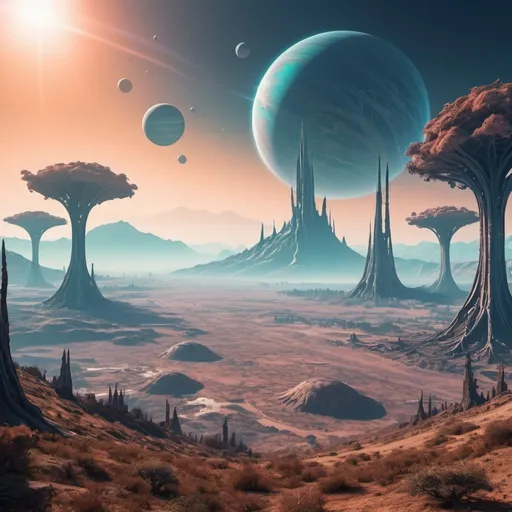 Prompt: Breathable Alien planet trees and city's with vast flat area and mountains