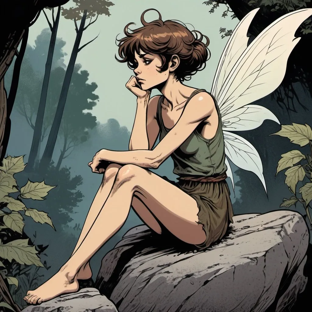 Prompt: Fairy sitting on cluster or rocks, pixie style hair, elbow resting on knee, chin resting on a fist, blowing hair out of face, tattered wings, forest, detailed, dark colors, dramatic, graphic novel illustration,  2d shaded retro comic book