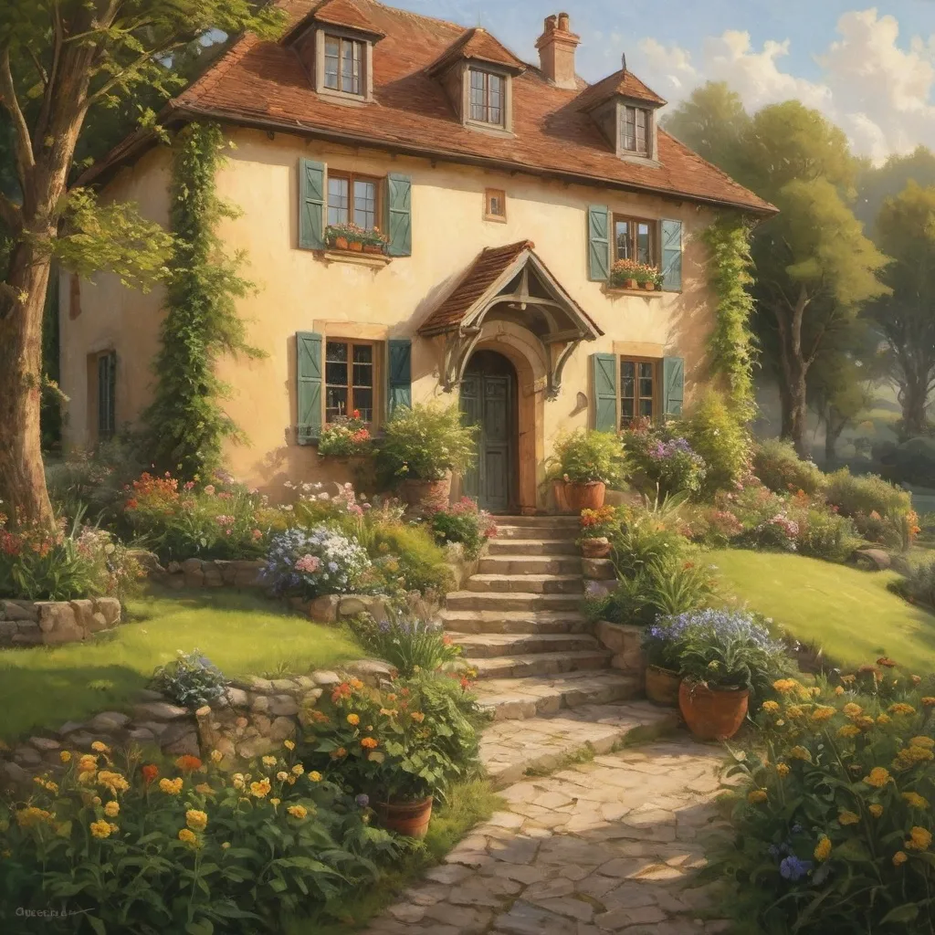 Prompt: Man on a High-quality oil painting of a serene countryside home, warm and inviting atmosphere, golden hour lighting, lush green surroundings, detailed architectural elements, cozy and welcoming vibes, traditional art, peaceful setting, scenic beauty, countryside, golden hour, detailed architecture, warm atmosphere, highres, traditional art, peaceful