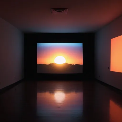 Prompt: dark room with projection from a video projector to a big wall displaying an animated sunrise video