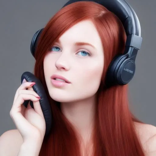 Prompt: Beautiful, Caucasian female, long dark red hair, wearing headphones 