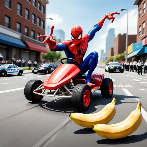 Prompt: Spiderman on a go kart getting chased by police cars with policeman throwing bananas at spiderman