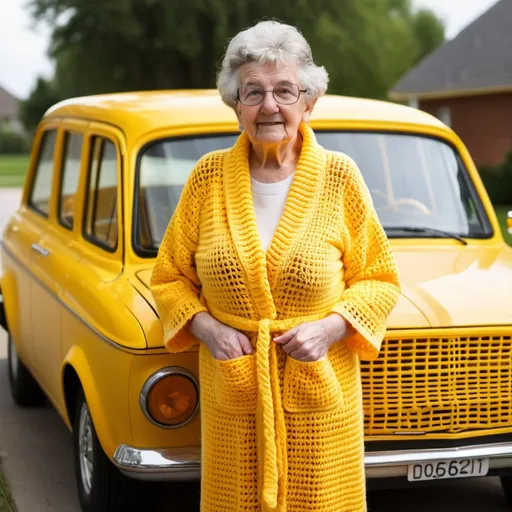 Prompt: Grandma in yellow crochet robe standing next to a yellow crochet car