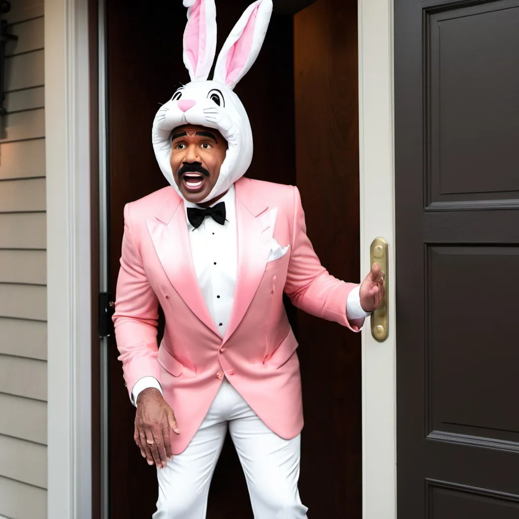 Prompt: Steve Harvey dressed in a bunny costume begging for candy at a door