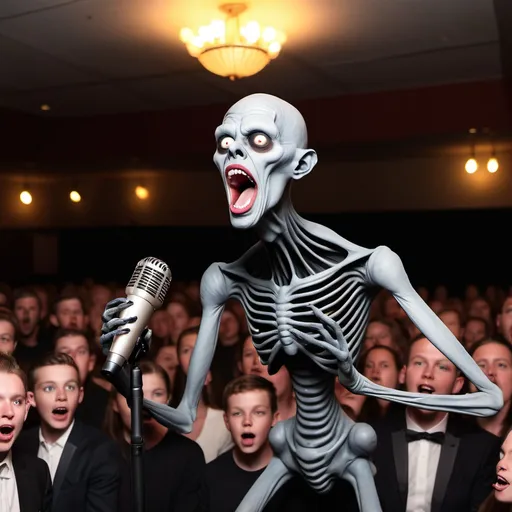 Prompt: Creepy looking creature singing to an audience of vibing people