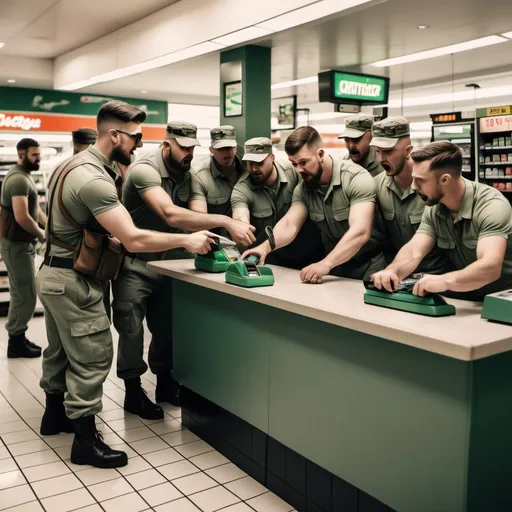 Prompt: An army of men attempting to battle a cashier in a service station