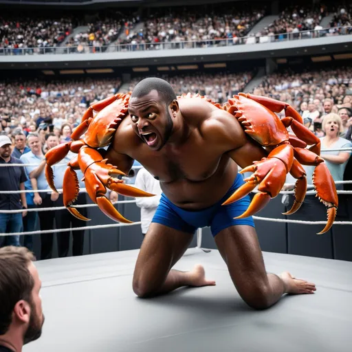 Prompt: Black man wrestling giant crab in a stadium of onlookers