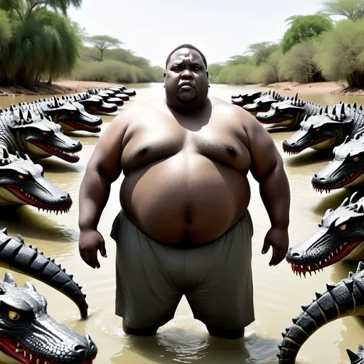 Prompt: A fat black man in the middle of a river surrounded by crocodiles and warriors