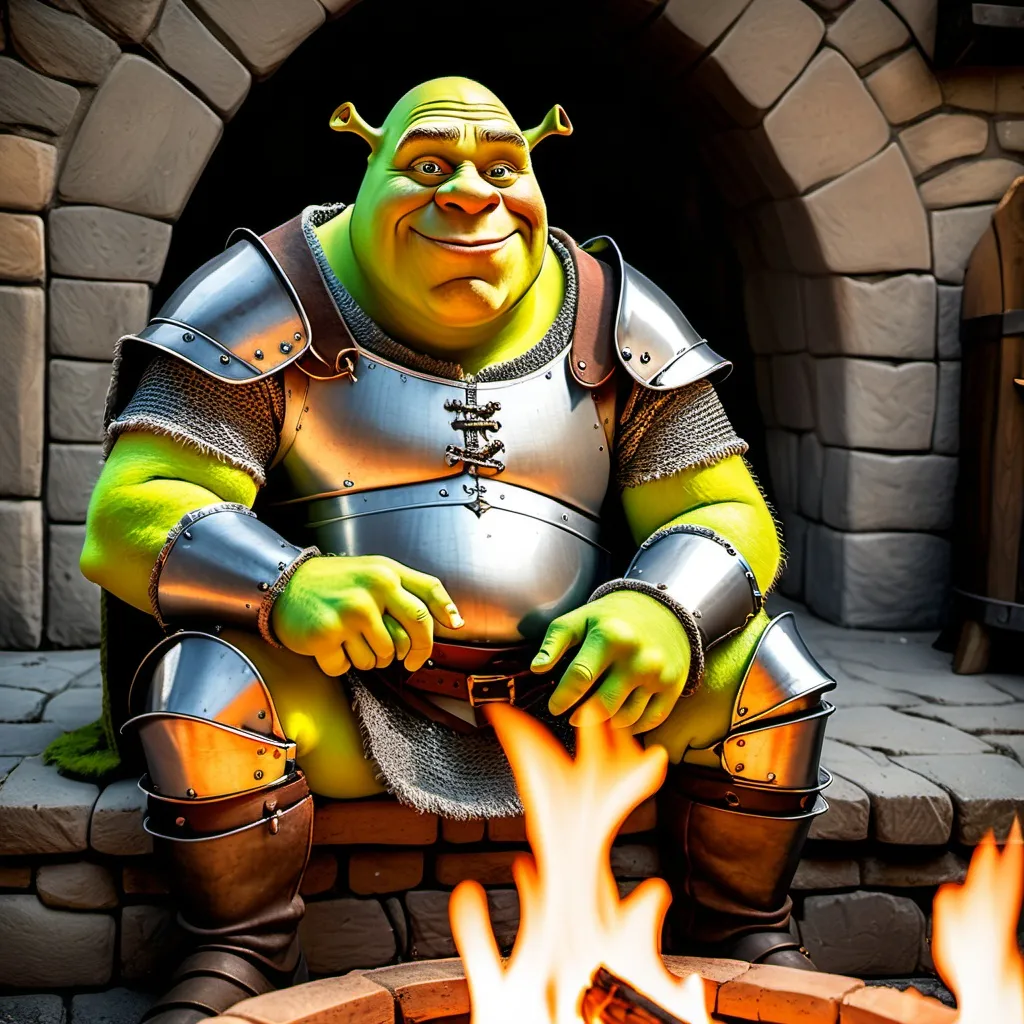 Prompt: Shrek dressed in medieval day armor sitting by a fire