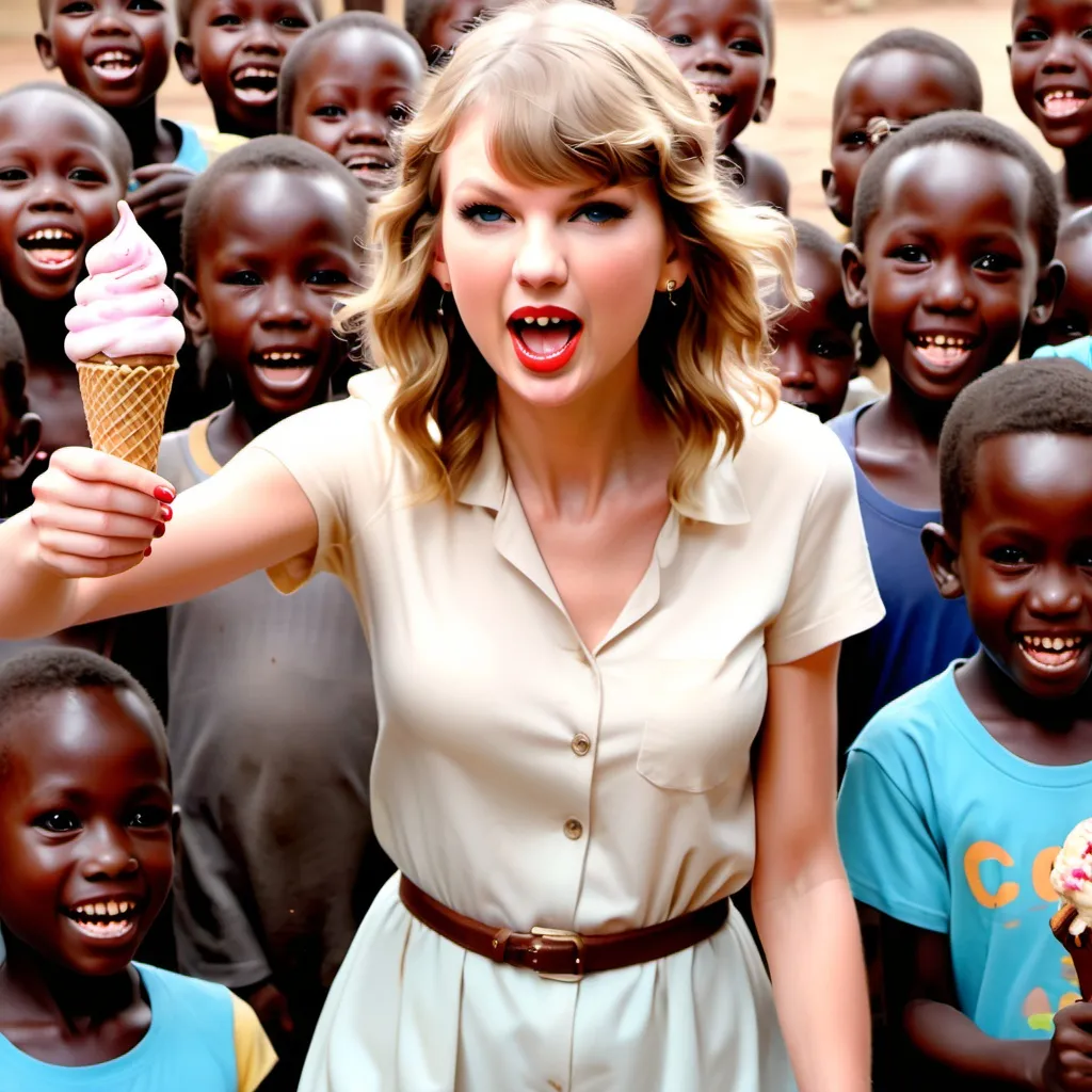 Prompt: Taylor swift waving an ice cream in front of crying hungry African children