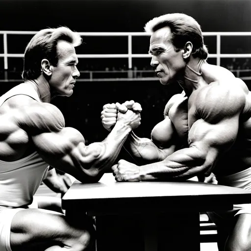 Prompt: Arnold Schwarzenegger arm wrestling his twin brother in a stadium