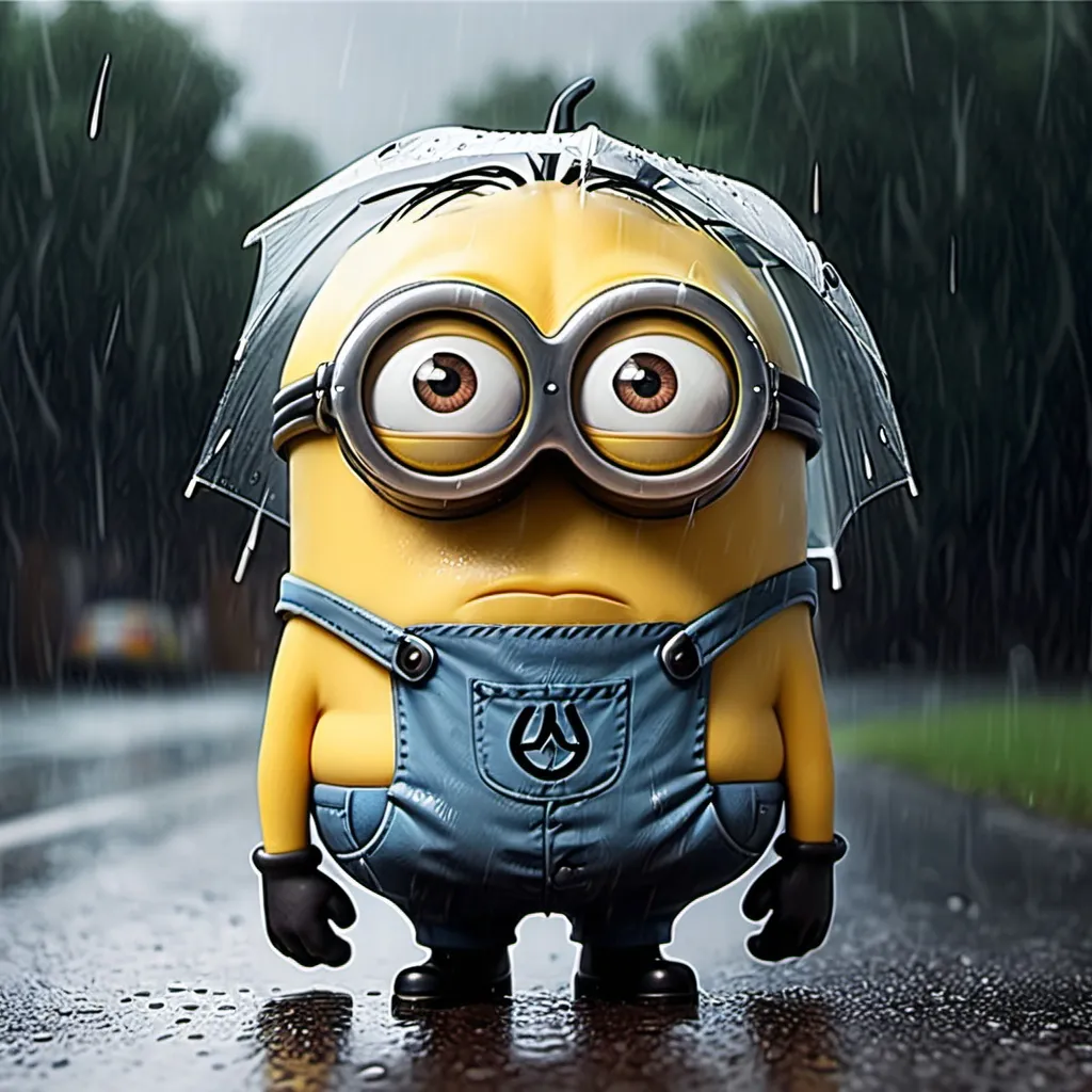 Prompt: A depressed minion in the rain