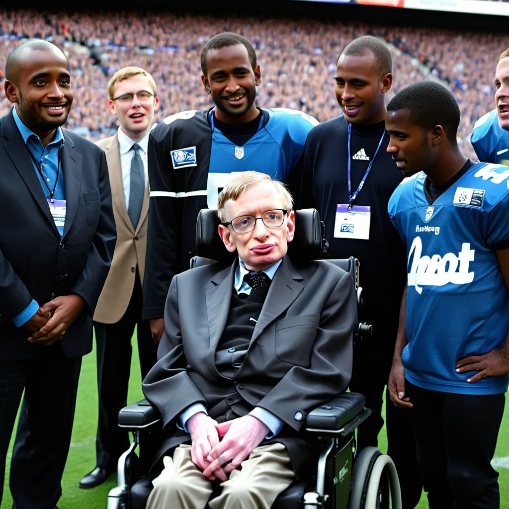 Prompt: Stephen hawking commentating a football game with black guys standing next to Stephen hawking