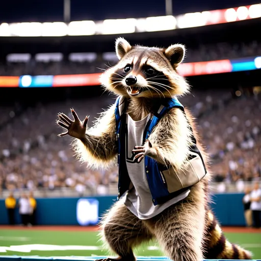 Prompt: A raccoon rapping to a crowd of crazy fans in a stadium