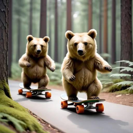 Prompt: Bears riding a skateboard in a forest