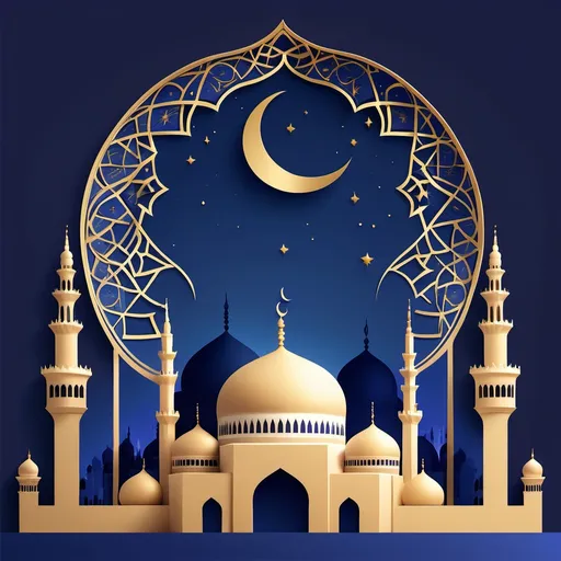 Prompt: Create a high-resolution, modern yet timeless image for an Islamic studies landing page. The scene features a majestic mosque with elegant domes and minarets at the center, set against a twilight sky that transitions from deep indigo to royal blue. Surround the mosque with delicate, glowing Islamic geometric patterns and ornate Arabic calligraphy in gold. Include subtle crescent moon and star motifs in the sky. The overall style should be a harmonious blend of traditional Islamic art and contemporary design, evoking wisdom, spirituality, and academic excellence.
