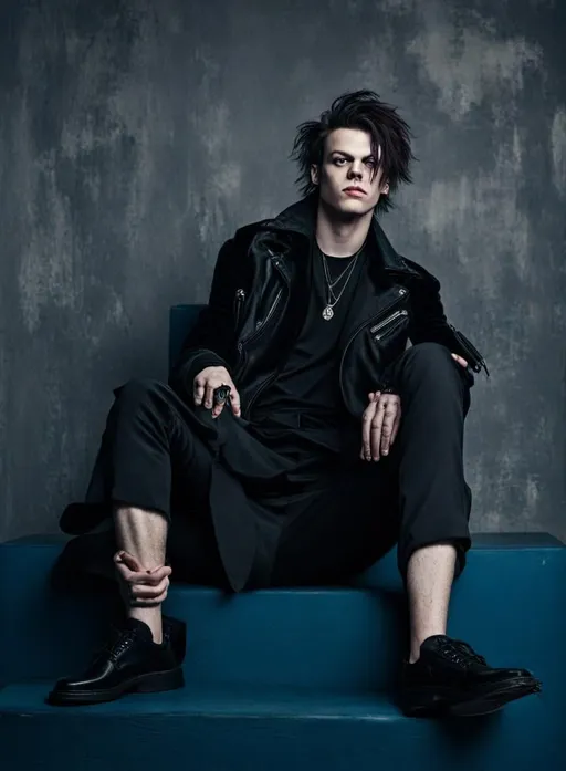 Prompt: Yungblud, gothic guy, dark and moody atmosphere, intense and brooding stare, luxurious velvet clothing, high contrast, dramatic lighting, high quality, gothic, intense stare, luxurious clothing, detailed features, dramatic lighting