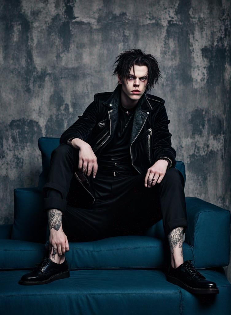 Prompt: Yungblud, luxurious velvet clothing, intense and brooding stare, high contrast, dramatic lighting, high quality, gothic, detailed features, moody atmosphere, professional