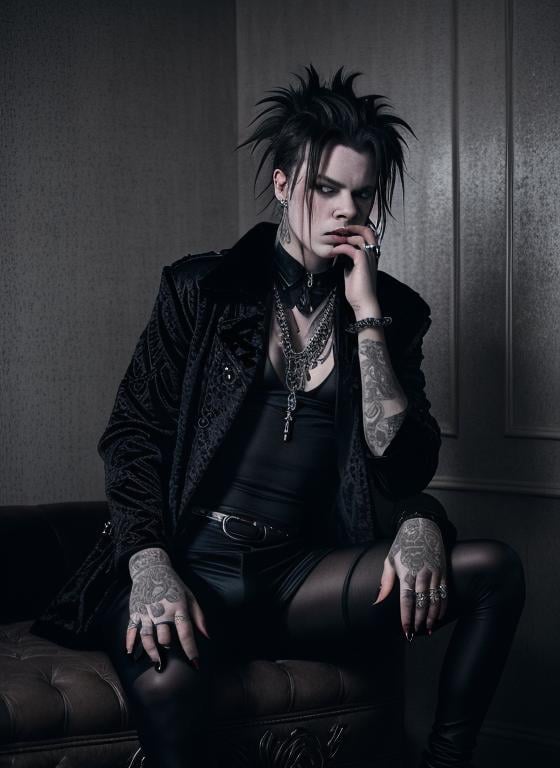 Prompt: Yungblud, luxurious velvet clothing, intense and brooding stare, high contrast, dramatic lighting, high quality, gothic, detailed features, moody atmosphere, professional