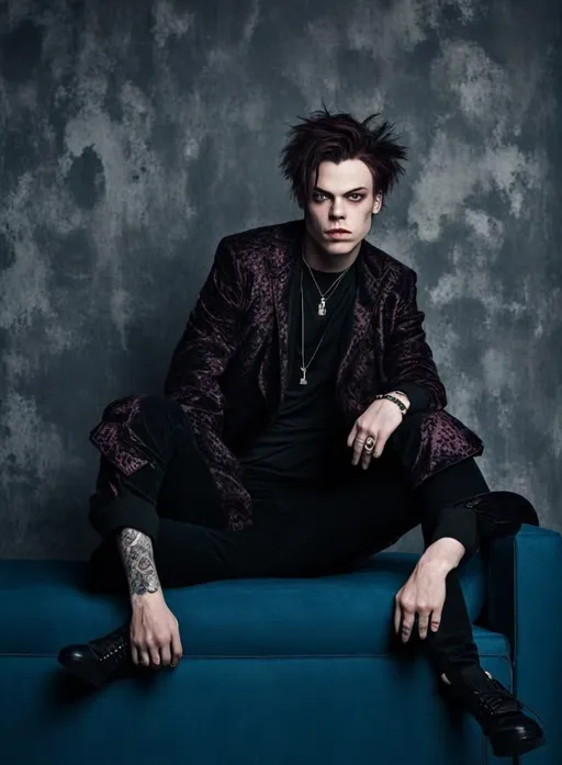 Prompt: Yungblud, gothic guy, dark and moody atmosphere, intense and brooding stare, luxurious velvet clothing, high contrast, dramatic lighting, high quality, gothic, intense stare, luxurious clothing, detailed features, dramatic lighting