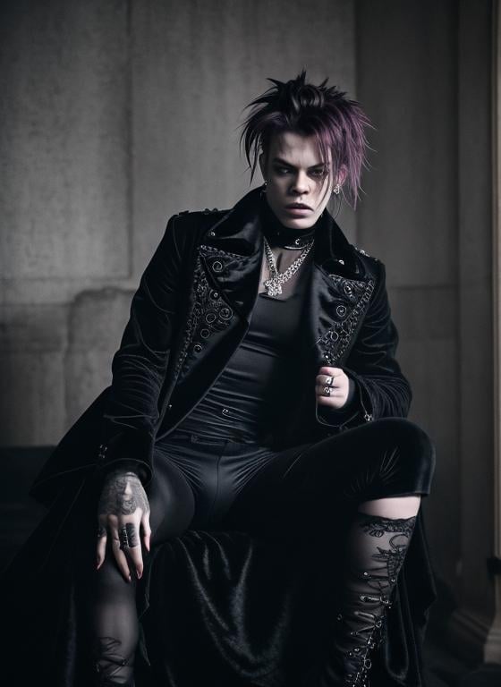 Prompt: Yungblud, luxurious velvet clothing, intense and brooding stare, high contrast, dramatic lighting, high quality, gothic, detailed features, moody atmosphere, professional