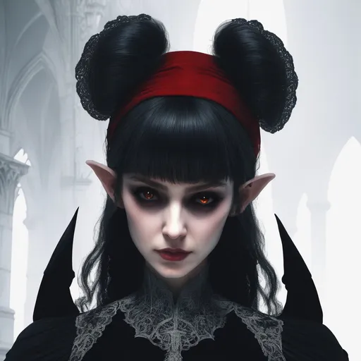 Prompt: Gothic intense gaze, dark and ominous, realistic rendering, dramatic lighting, high quality, detailed eyes, realistic, gothic style, dramatic atmosphere, medieval architecture, intense expression, professional rendering, haunting, mysterious, highres, atmospheric lighting, female