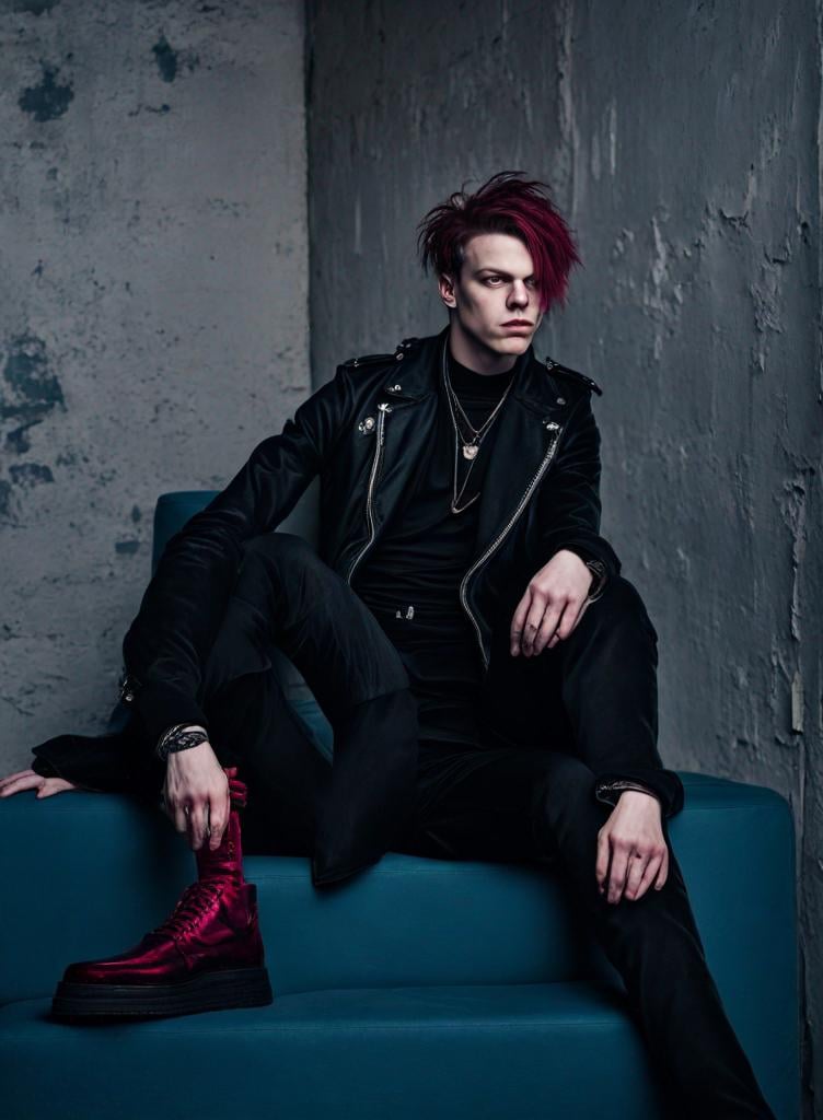 Prompt: Yungblud, luxurious velvet clothing, intense and brooding stare, high contrast, dramatic lighting, high quality, gothic, detailed features, moody atmosphere, professional