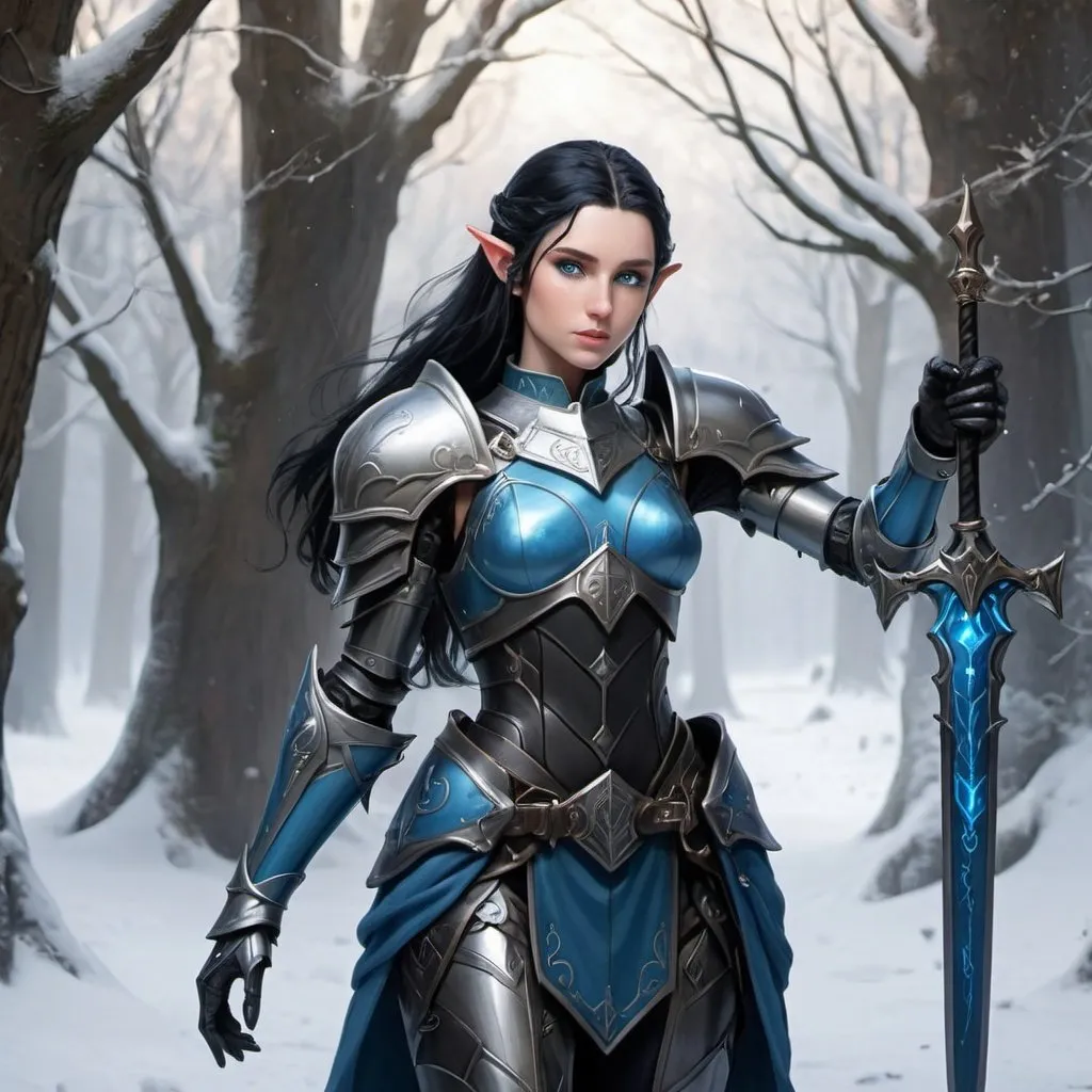 Prompt: female elf tech knight with black hair, bright blue eyes, about 20 yeas old, full body