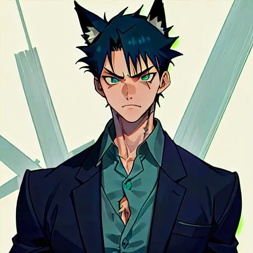 Prompt: an illustration of a young adult| dog ears muscular| tall| broad shouldered| short and spiky navy hair| detailed face| scar across his right eye| wearing a dark navy unbuttoned dress shirt| aqua eyes| fierce| in the style of the anime bleach