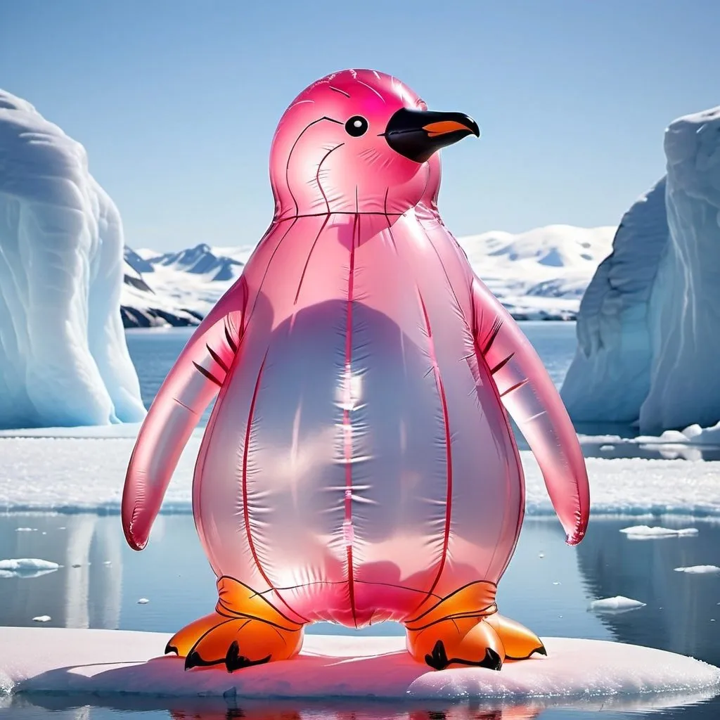 Prompt: inflatable penguin shaped all in translucent pink, standing on ice, north pole background