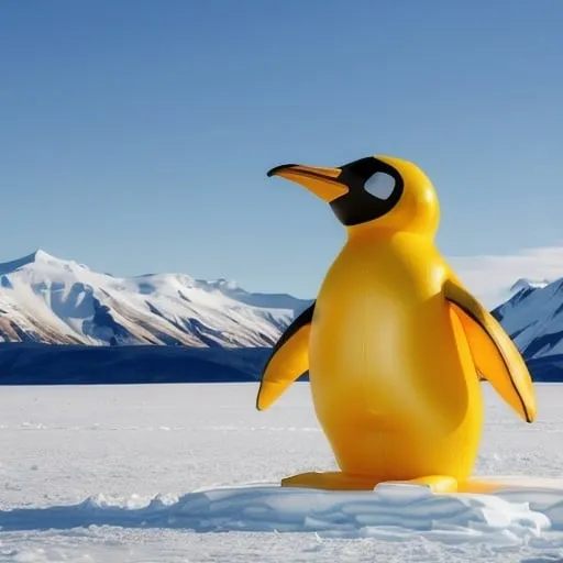 Prompt: inflatable king penguin shaped, whole object in translucent yellow colour, no facial feature, standing on grassland, snow mountains, north pole background