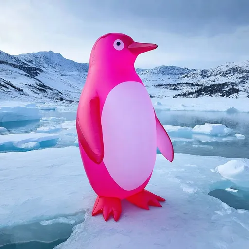 Prompt: inflatable penguin shaped all in translucent pink, standing on ice, north pole background