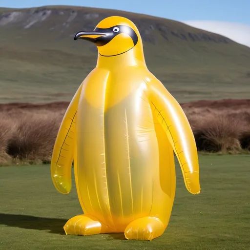 Prompt: inflatable king penguin shaped, whole object in translucent yellow colour, no facial feature, standing on grassland, north pole background