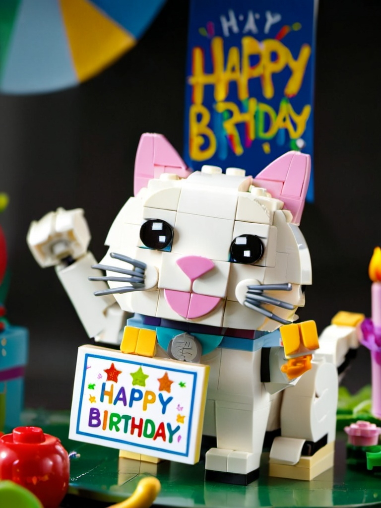 Prompt: a cat holding a board with wording 'happy birthday LOK'  on it