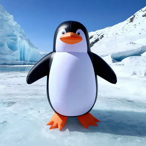 Prompt: inflatable penguin standing on ice