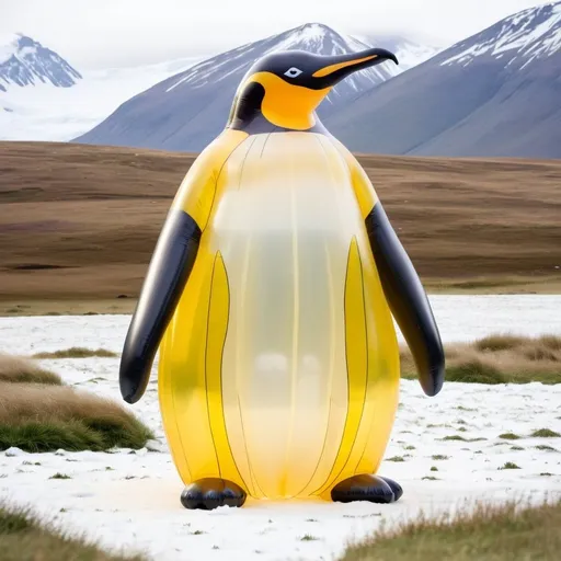 Prompt: inflatable king penguin shaped, whole object in translucent yellow colour, no facial feature, standing on grassland, snow mountains, north pole background