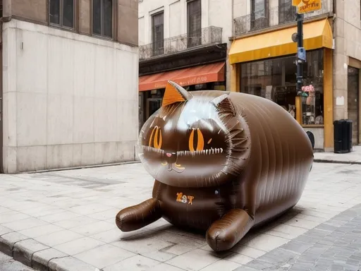 Prompt: inflatable cat in translucent brown color, no facial expression, street view