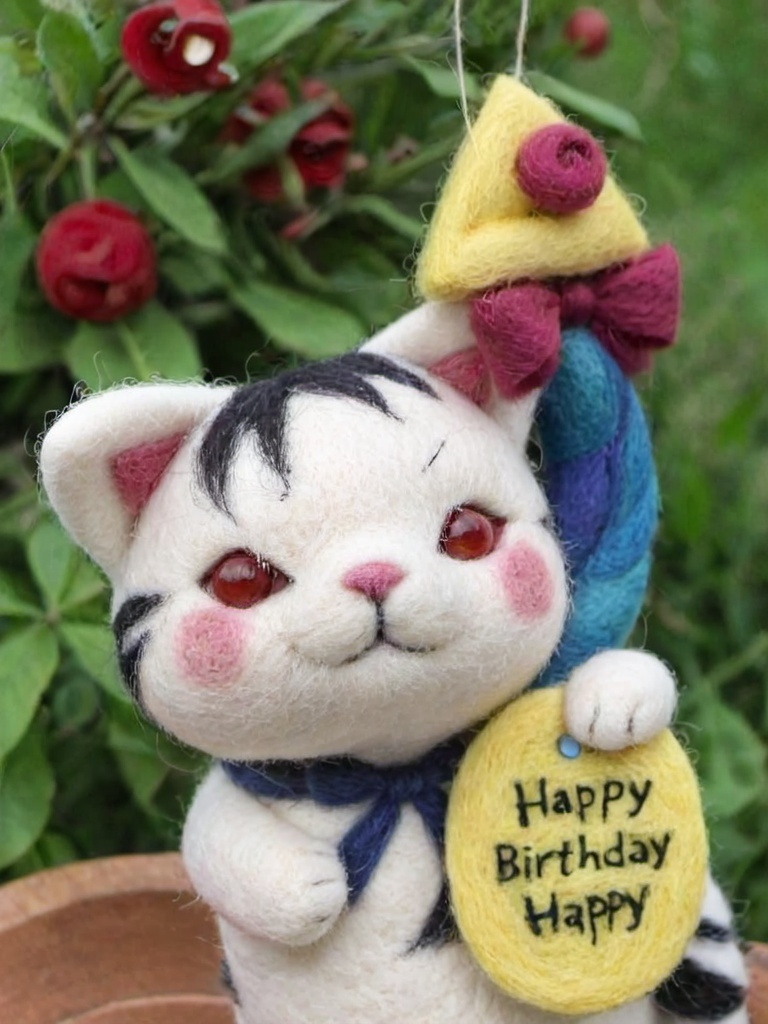 Prompt: a cat holding a board with wording 'happy birthday' 