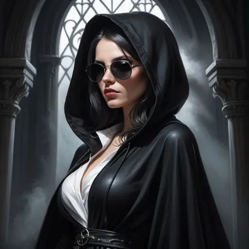 Prompt: a woman wearing a black cloak and sunglasses with a hood on her head and a black dress with a white shirt, Anne Stokes, gothic art, side view ,noir, a character portrait