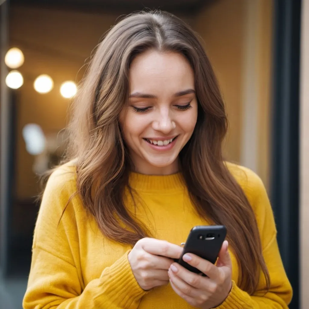 Prompt: A beautiful woman in a yellow sweater with beautiful hair looking at the phone in her hand with joy and wonder.