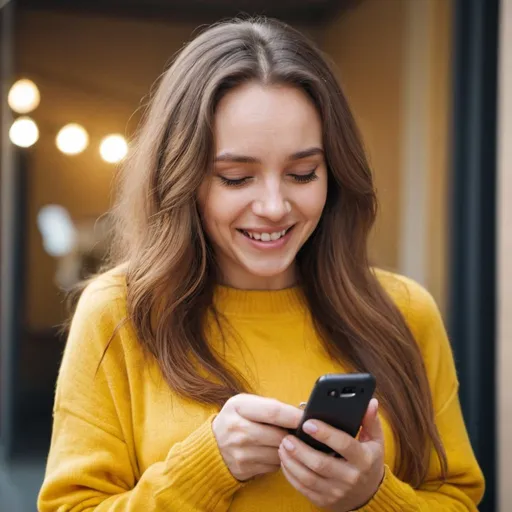 Prompt: A beautiful woman in a yellow sweater with beautiful hair looking at the phone in her hand with joy and wonder.