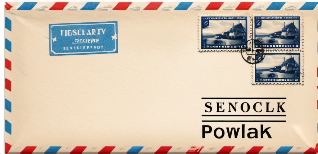 Prompt: Please create an realistic envelope with the US stamps on it. Include a senders address: Stan Jasiurkowski, 2917 Rock Merritt Ave, Fort Liberty NC 28310 . Recipient: Sz. Pan Waclaw Jagielski, ul. Szkolna 14, 32300 Nowy Sacz, Poland