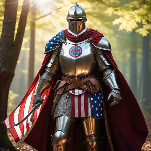 Prompt: (fantasy medieval knight), wearing an (American flag cloak), striking a heroic pose, intricately detailed armor gleaming in the sunlight, surrounded by an enchanting forest backdrop, (dramatic lighting), atmosphere of valor and patriotism, highly vivid colors, (ultra-detailed), cinematic composition, capturing the essence of bravery and freedom. Wielding a six shot revolver in one hand