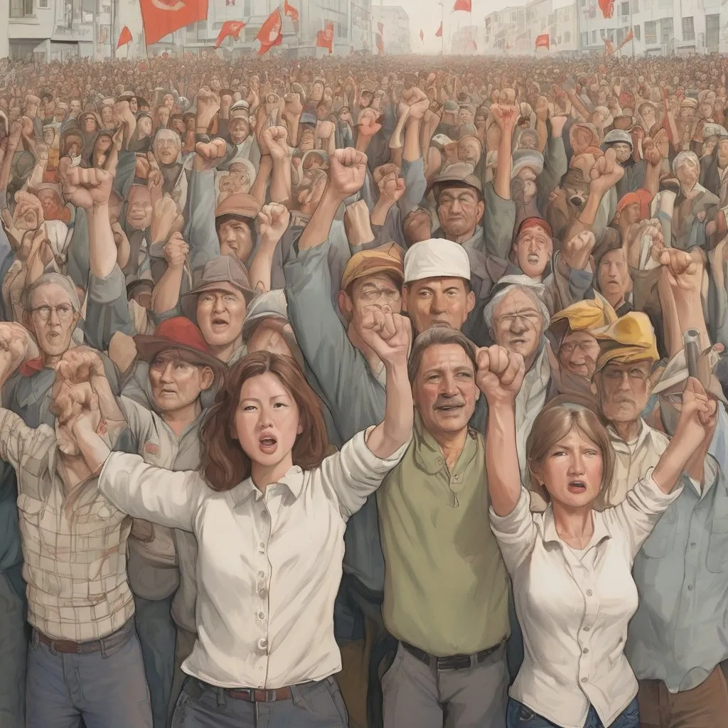 Prompt: Draw a picture of International Workers' Day with workers, employees, laborers, and retirees marching with their left fists raised in the air.