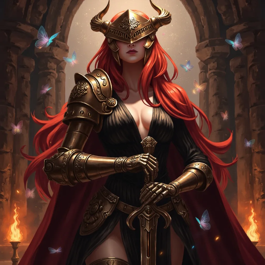 Prompt:  @PRxDxkDqttWQmElqhMfQ is standing in a doorway, holding her sword in her prosthetic right arm. she is wearing a tuxedo with gold embroidery and her helmet is covering her eyes