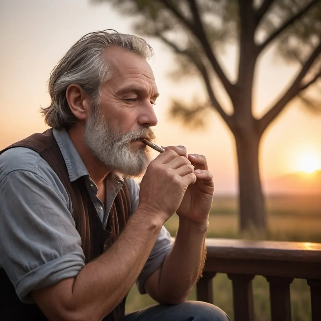 Prompt: Caucasian middle-aged man with white beard and brown-gray hair, playing a diatonic harmonica while sitting and gazing at the sunset, warm and tranquil atmosphere, detailed facial features, high quality, realistic, warm tones, dramatic lighting, serene sunset scene, musical performance, detailed beard and hair, nostalgic ambiance, professional, serene mood, tranquil setting, detailed hands, atmospheric lighting