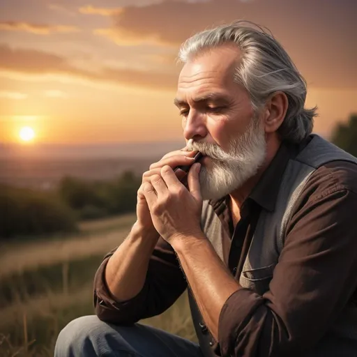 Prompt: Caucasian middle-aged man with white beard and brown-gray hair, playing a cromatic  harmonica while sitting and gazing at the sunset, warm and tranquil atmosphere, detailed facial features, high quality, realistic, warm tones, dramatic lighting, serene sunset scene, musical performance, detailed beard and hair, nostalgic ambiance, professional, serene mood, tranquil setting, detailed hands, atmospheric lighting
