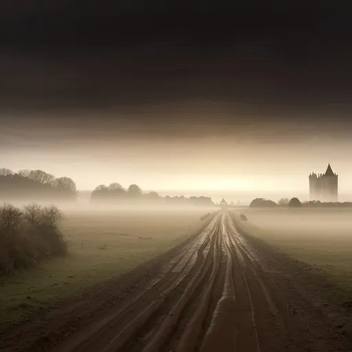 Prompt: <mymodel> 

A wide muddy road leading toward a medieval city and castle, barely visible in the distance through the mist